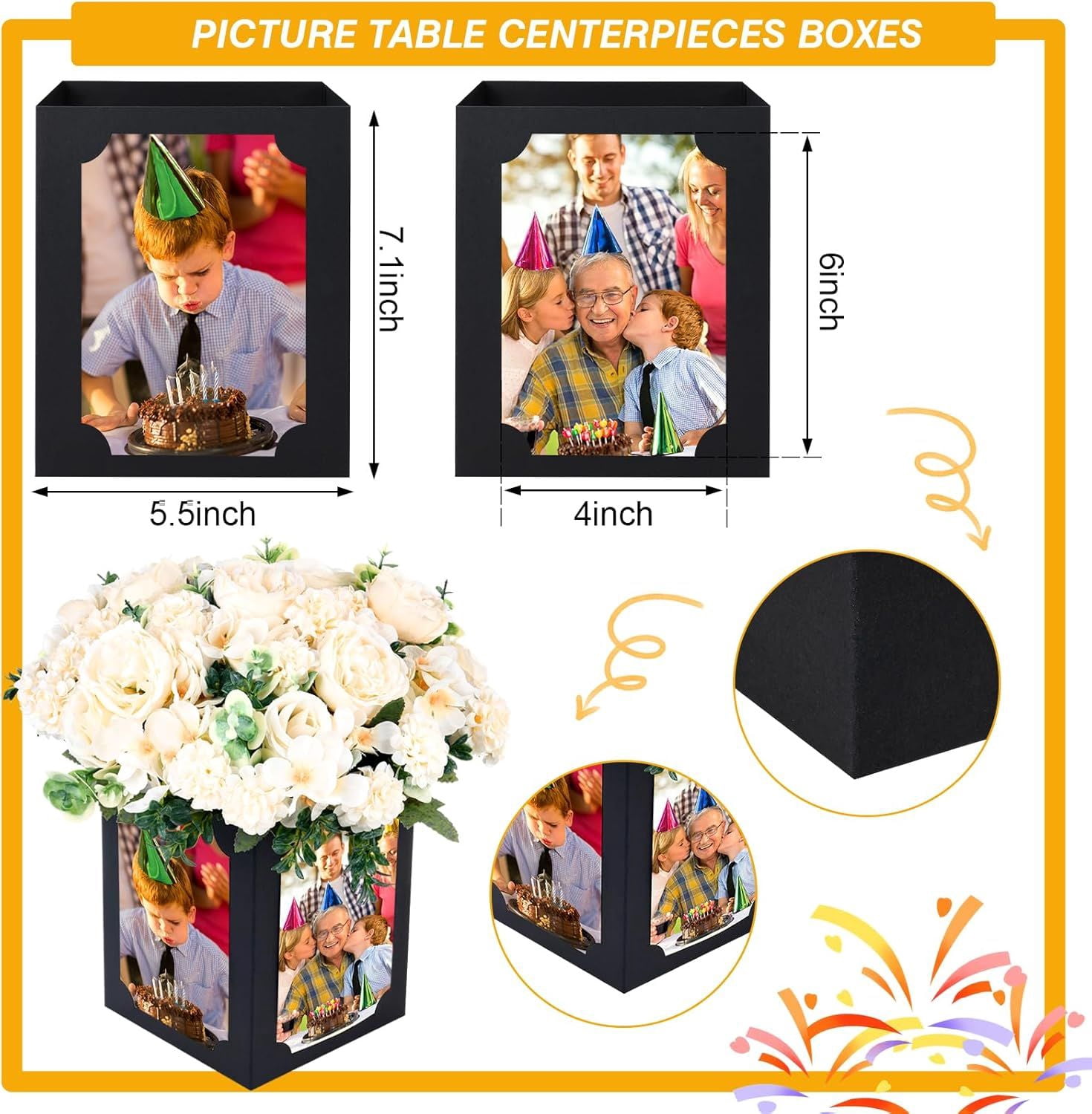 12Pcs Picture Centerpieces for Table, 6 Inch Photo Display Frame & Hollow Picture Props Box for Congrats Grad Decor, Wedding, Birthday Party Table Decoration (Black)