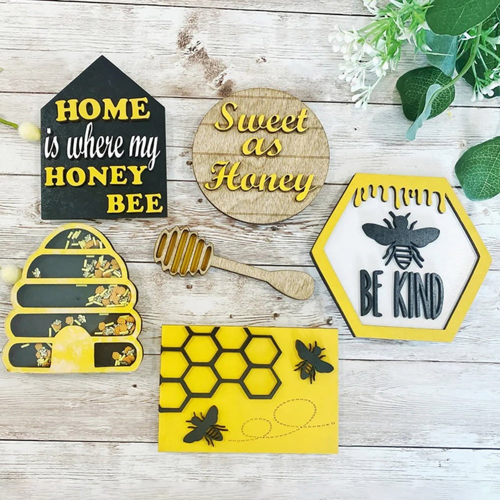 5 Pieces Bee Wooden Tiered Tray Decor Set, Bee Kind Sign Sweet as Can Bee  Wood Block Decor Bee Wood Bead Garland 3D Raised Letter Bee Kitchen Decor