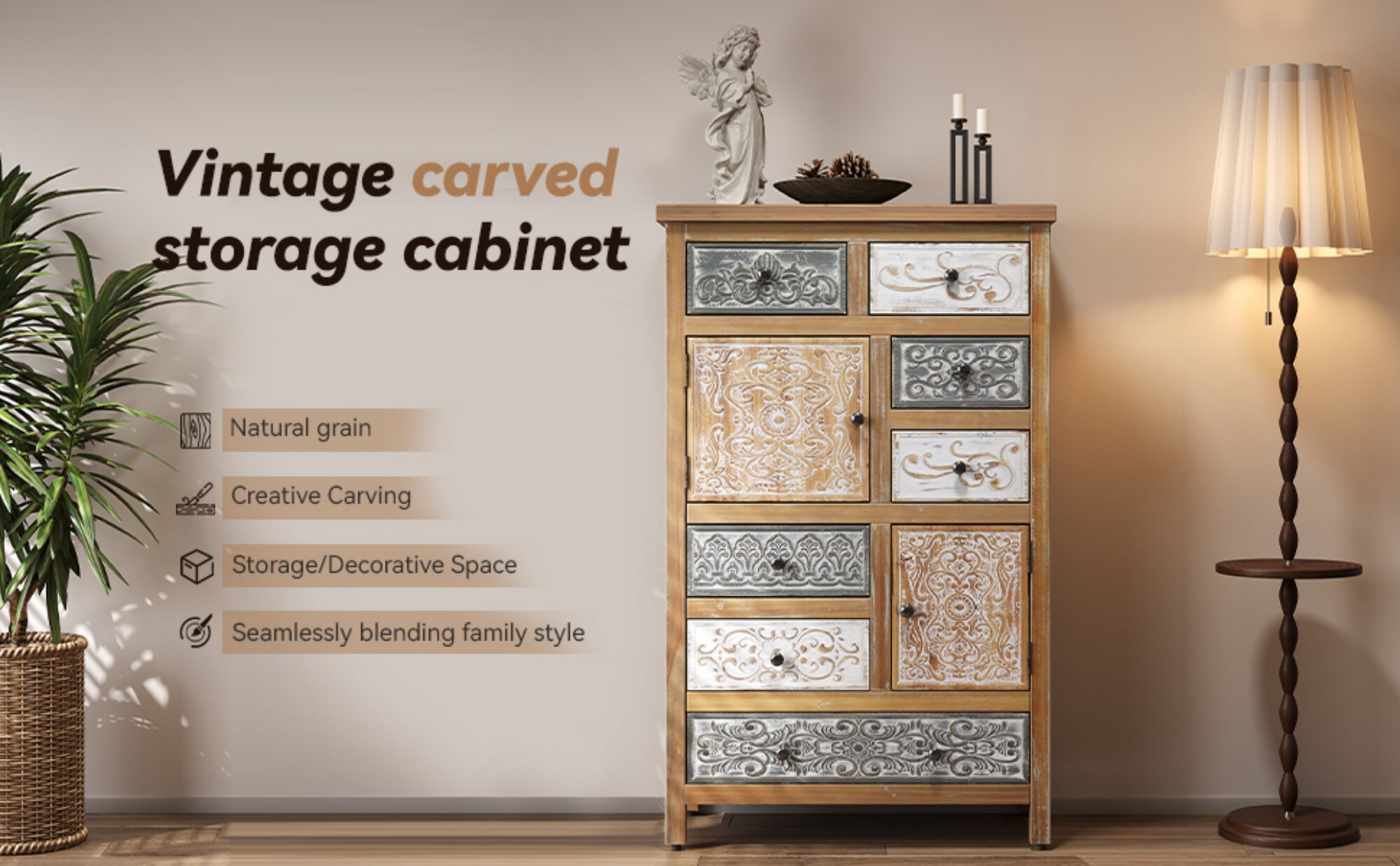 AENKYO Vintage 7-Drawer Tall Cabinet, Bohemian Storage Dresser with Distressed Finish for Bedroom, Living Room & Entryway