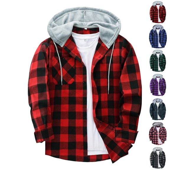 UDAUDU Men's Flannel Hoodie Shirts Button Down Plaid Shirt Casual Long Sleeve Business Office Loose Fit Hoodie Shirts with Pocket XL