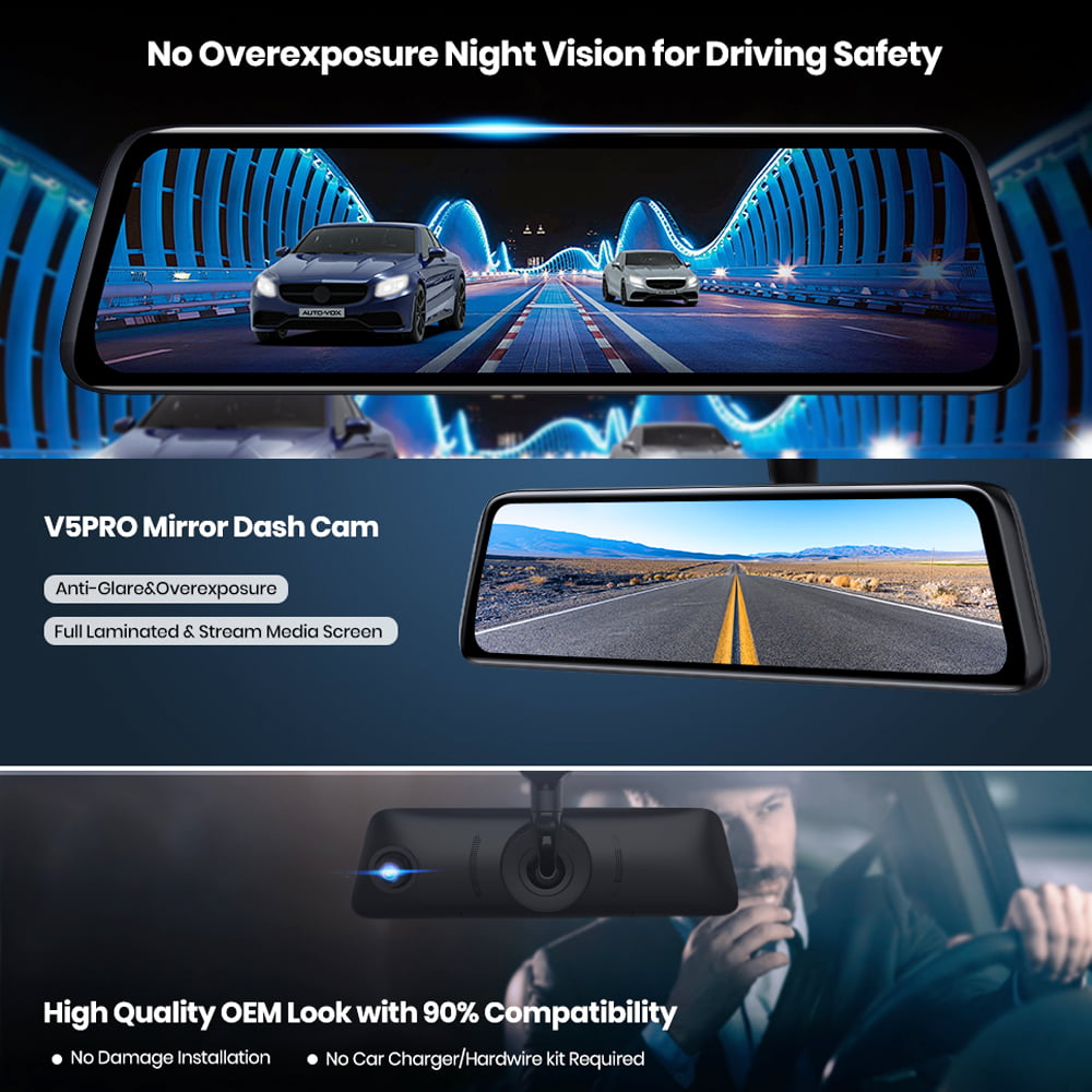 AUTO-VOX V5PRO Anti-Glare Rear View Mirror Dash Cam Front and Rear 1080P  Dash Camera for Cars 9.35’’Full Laminated Touch Screen and Super Night  Vision 