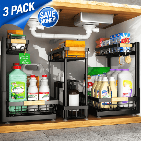 Tmtamye Under Sink Organizer, Adjustable 2-Tier, Metal, 3-Pack, Pull-Out, Black