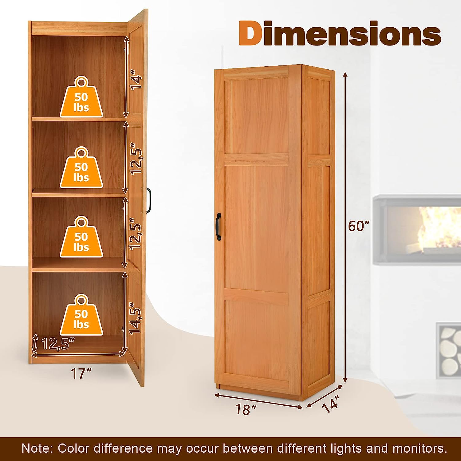 Kitchen Pantry, Tall Storage Cabinet Single Door, 4-Tier Floor Storage Cabinet for Bathroom, Living Room, 18"x14"x 60" (Oak Color)