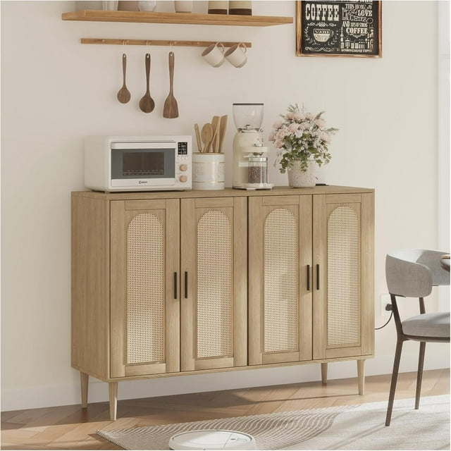 48" Rattan Sideboard with 4 Doors, Adjustable Shelves & Power Outlet for Kitchen, Dining Room