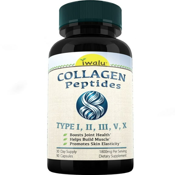 Collagen Peptides Types I II III V X - Joint Health Skin Elasticity Hair Nail Nourishment - Full Spectrum Collagen to Boost Joint Comfort & Skin Hydration - 90 Capsules - NSF Certified - iwalu USA