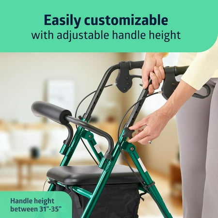 Medline Lightweight Aluminum Rollator, Folding Rolling Walker, 6" Wheels, 250lb Weight Capacity, Green Frame