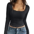 thumbnail image 6 of Long Sleeve T Shirt Women Lace Trim Open Collar Long Sleeve Slim Basic Trendy Tops, 6 of 9