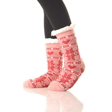 

Women s Thick Knit Fuzzy Sherpa Lined Snowflake Slipper Socks Non Slip Traction