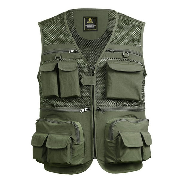 Breathable Fishing Travel Mesh Vest with Zipper Pockets Summer Work Vest  for Outdoor Activities Army green-3XL 