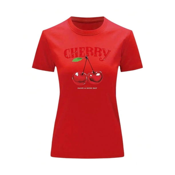 Playera Blusa De Cerezas Cherry Happy Have A Nice Day Casual Ropa Para Mujer Ropa De Dama Color Rojo Talla Mediana Marca Emil SaEs
