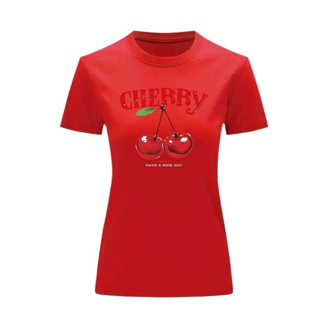 Playera Blusa De Cerezas Cherry Happy Have A Nice Day Casual Ropa Para Mujer Ropa De Dama Color Rojo Talla Mediana Marca Emil SaEs