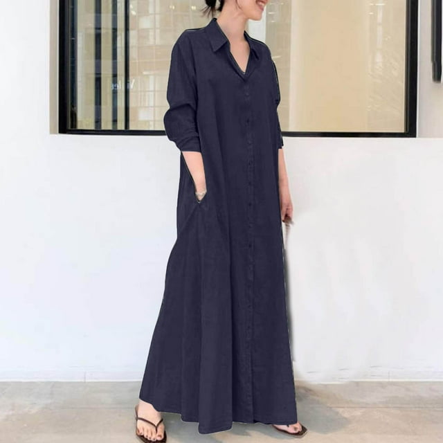 Meichang Robe Chemise Longue Maxi pour Femmes, Robe de Travail Boutonnée, Manches Longues, Col, Coupe Ample, Robe T-Shirt Unie, Robe Décontractée Évasée avec Poches