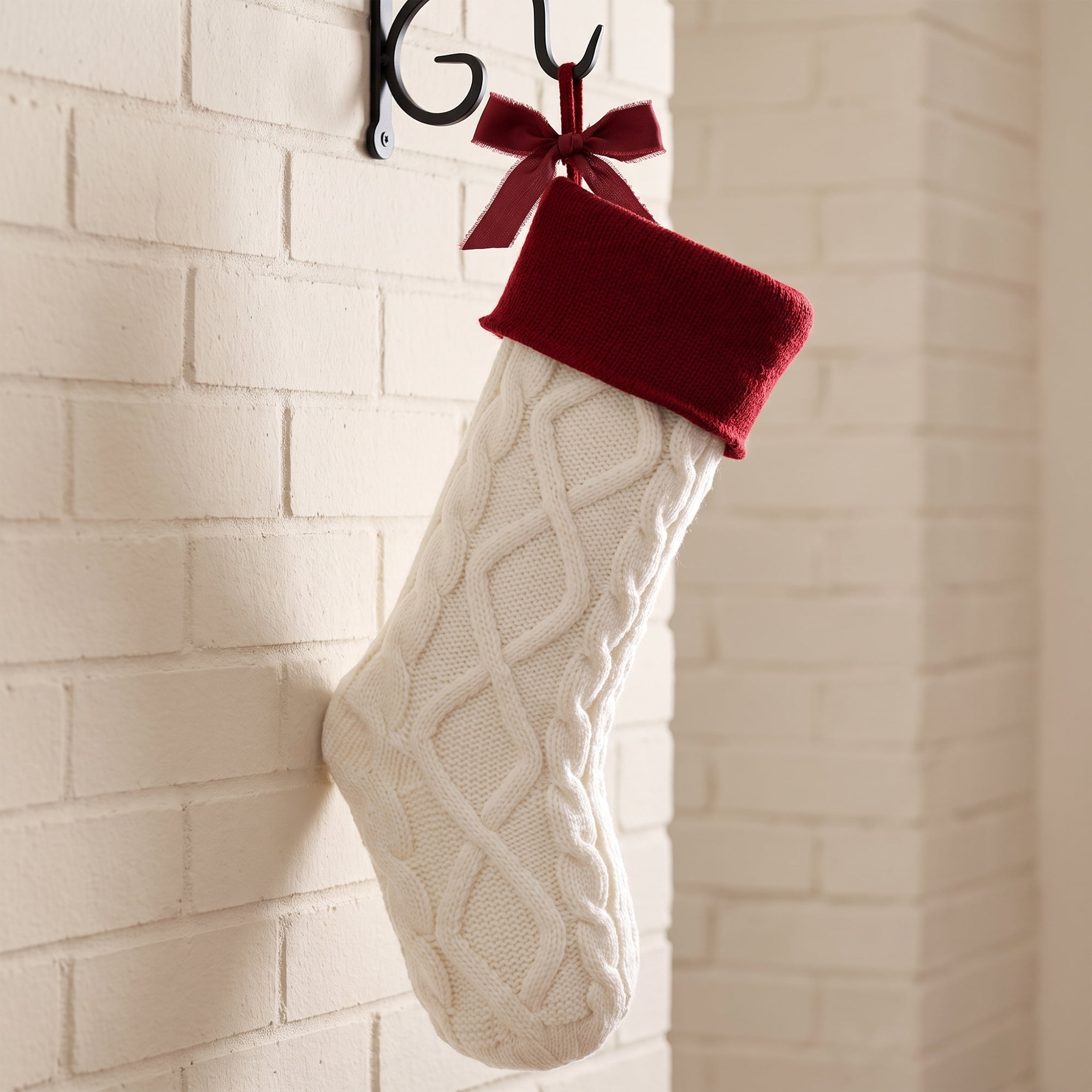 Unique Bargains Luxurious Cable-Knit Christmas Stocking White Red 18"