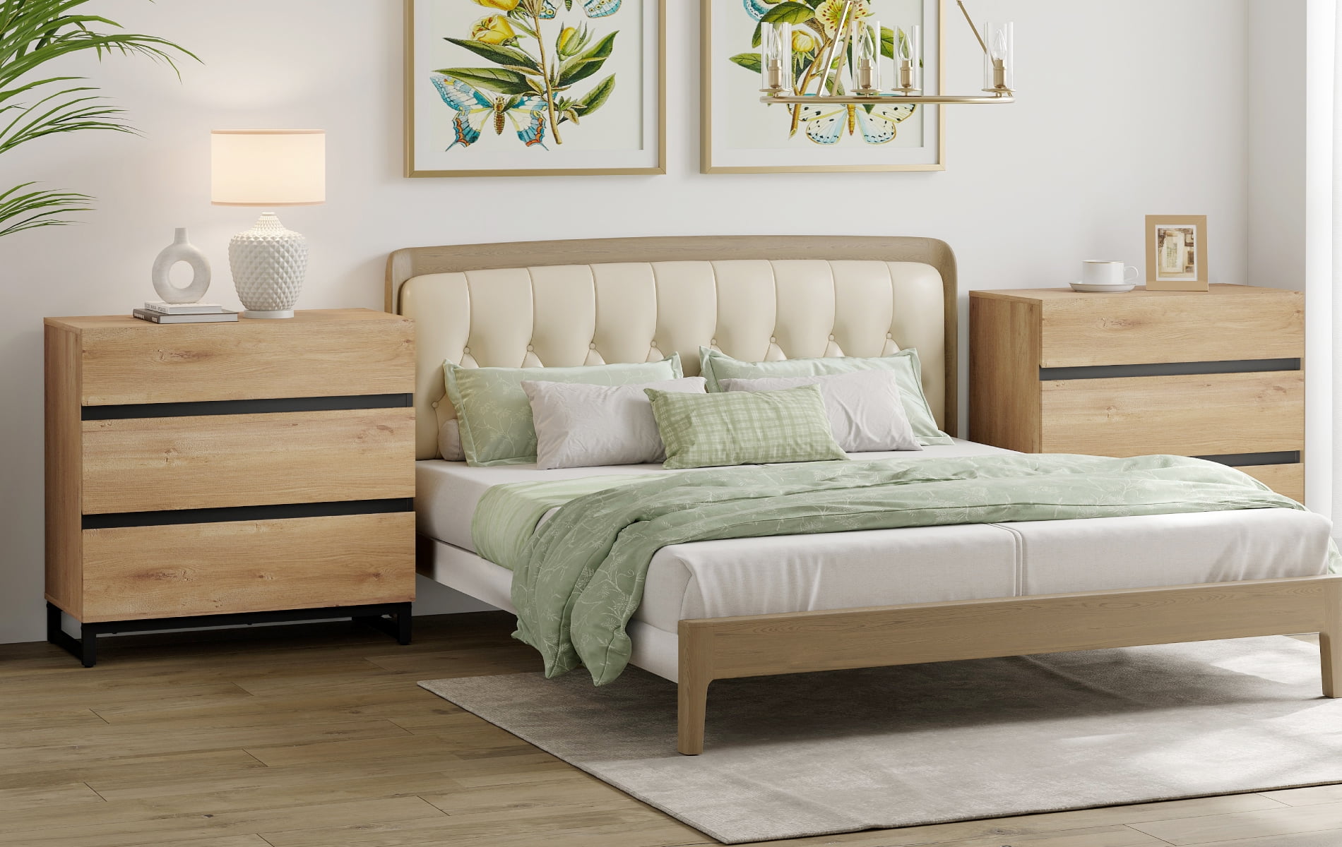 2 Pack Modern Rustic Wood Nightstand, 3 Drawers Bedside Table with Black Square Iron Legs, Oak
