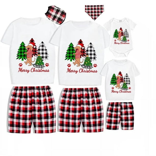 Pijama familiar navideño a juego Conjunto de pijama corto gris con árbol de perro salchicha feliz Navidad