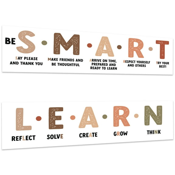 Koyal Wholesale Smart & Learn Classroom Banner Sign for Teachers, Wall Decor Motivational, Boho Gender Neutral, 2-Pk