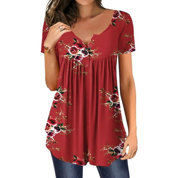 Nananla Ladies Casual Size S-2XL Floral Print Short Sleeve Round Neckline T-Shirt