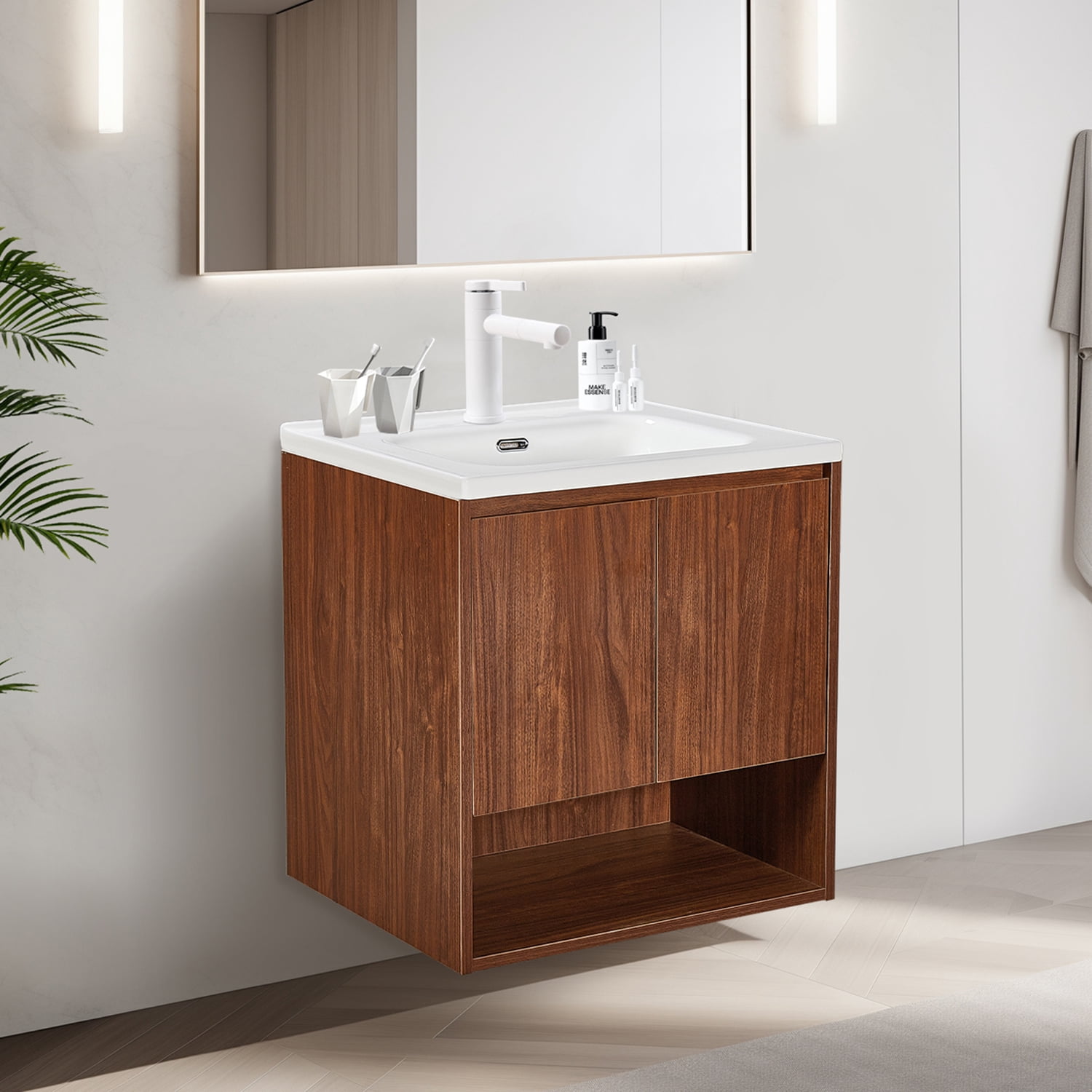 Wall Mount Vanity Cabinet Open Storage Brown Walnut L 24 in x H 24.8 in x D 19.7 in