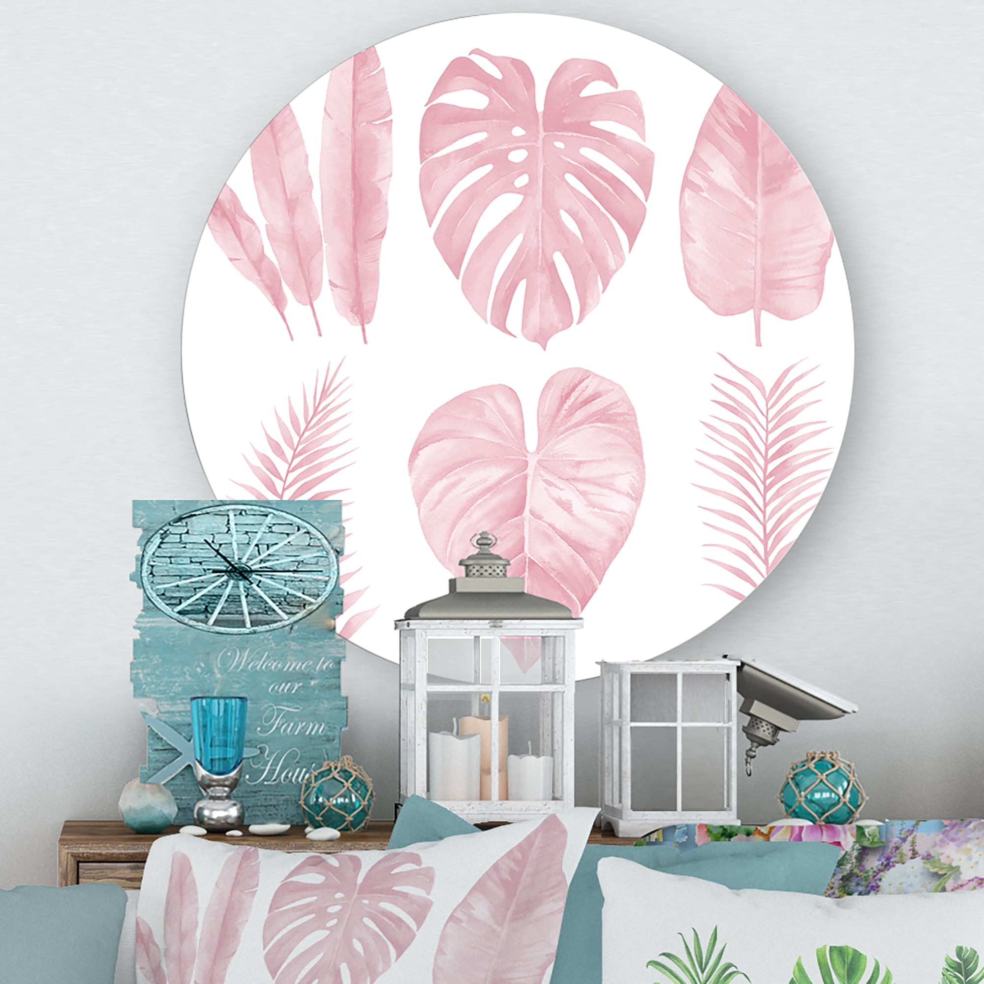 Designart 'Tropical Pink Watercolour Leaves On White I' Shabby Chic Circle Metal Wall Art 23x23 - Disc of 23