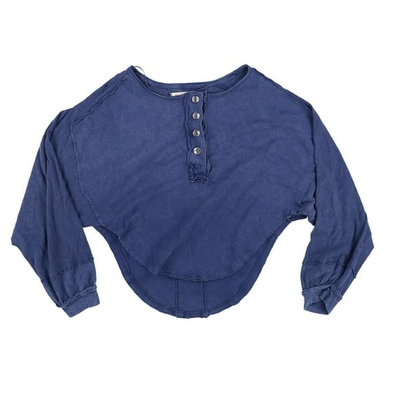 Free People Womens Shirt Cropped Long Sleeve Frayed Button-Front Blue Large New