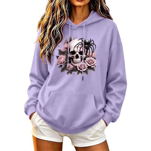 Juebong fashion Women's Graphic Halloween Hoodie Drawstring Solid Color Long Sleeve Sweatshirt Oversized Kangaroo Pocket Hooded Pullover Casual Fall Retro Floral Skull Square Frame Printed Outwear