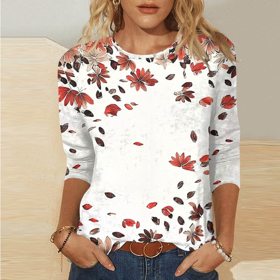 Qulqfy Loose Fit Blouse for Women 3/4 Length Sleeve Casual Graphic Scoop Neck Cute Flowy Work Pleat Fall Women Tops L