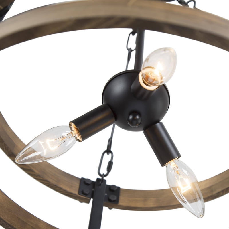 LNC 3-Light Rustic Barrel Chandelier with Faux Wood Finish and Matte Black Accents
