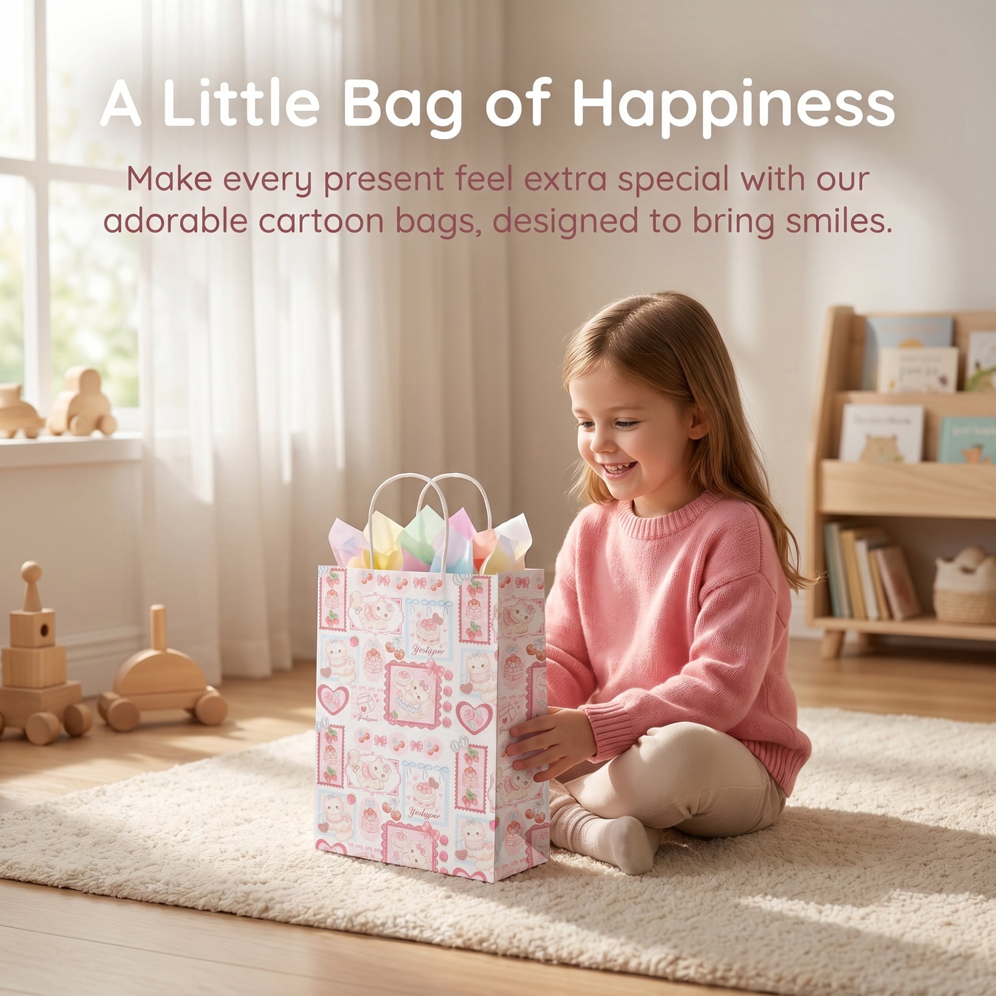 Unique Bargains 6Pcs Thick Cartoon Paper Gift Bags with Handles Cherry 8.3" x 4.3" x 10.6"