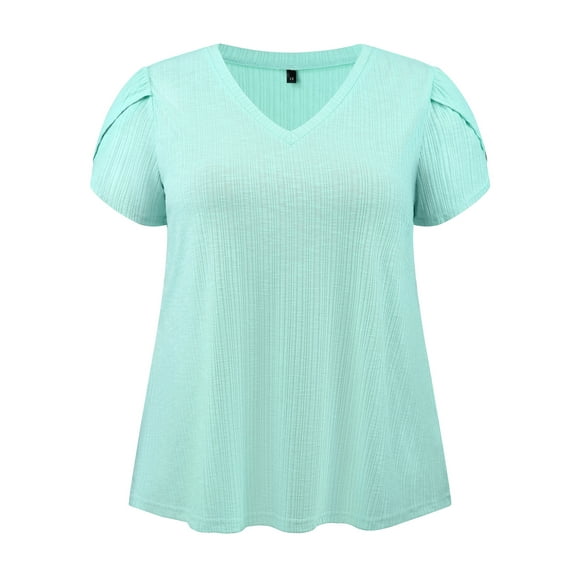 GRACE & GRANDEUR Women's Plus Size Easter Summer T Shirts Solid Basic V Neck Tulip Sleeve Loose Casual Blouses Tops 1X Mint Green
