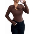 thumbnail image 3 of Women's Metal Ring Long Sleeve Asymmetrical Neck T Shirt Slim Fit Ruched Going Out Tops Brown XXL, 3 of 8