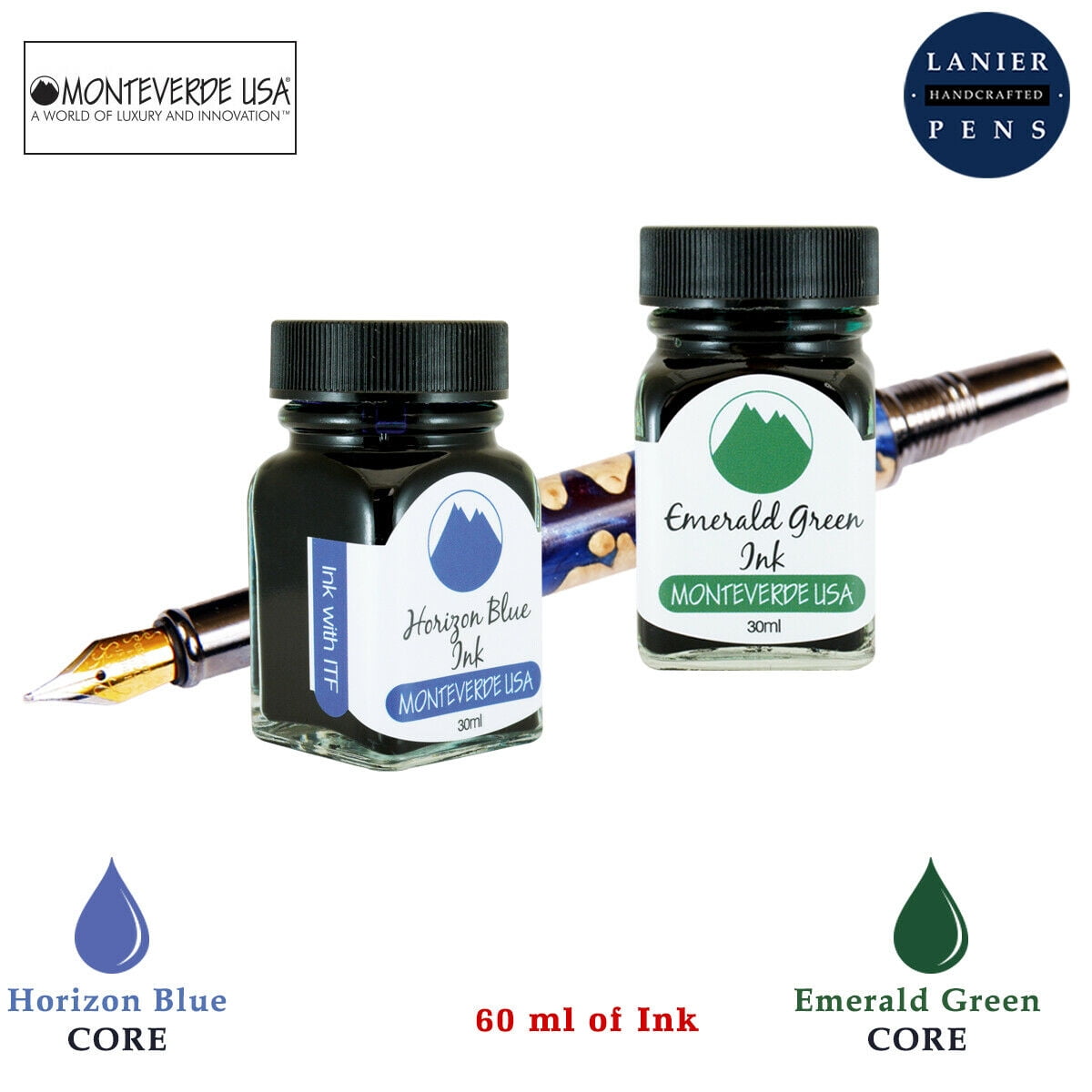 Monteverde 60ml Core Fountain Pen Ink Bottle (30ml Horizon Blue Ink Bottle G309HB, 30ml Emerald Green Ink Bottle G309EG)