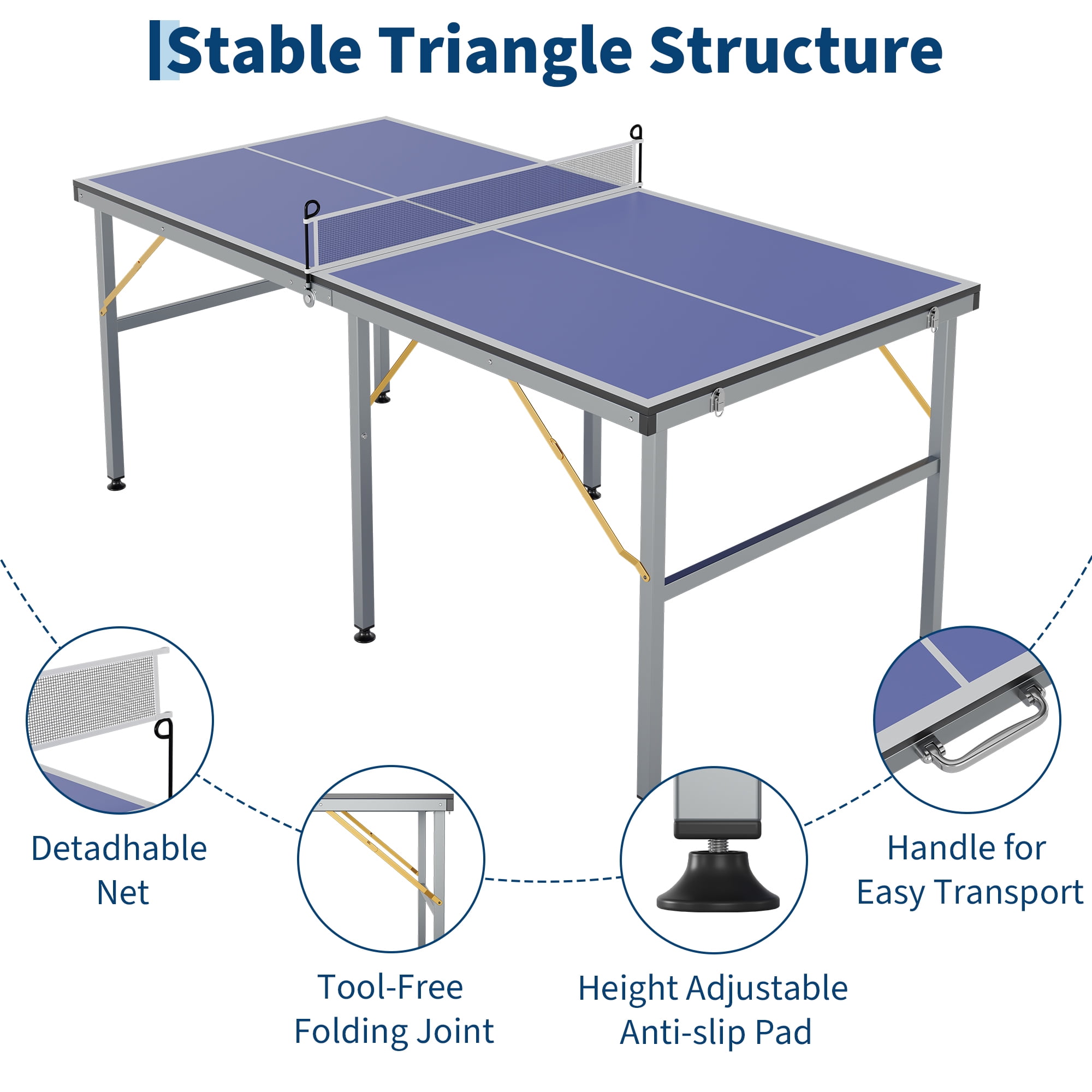 Ping Pong Table Foldable Table Tennis Table with Net, Table Tennis Paddles and Balls, 6x3FT Multi-Use Family Game Table for Kids Teenager Adult, Compact & Portable