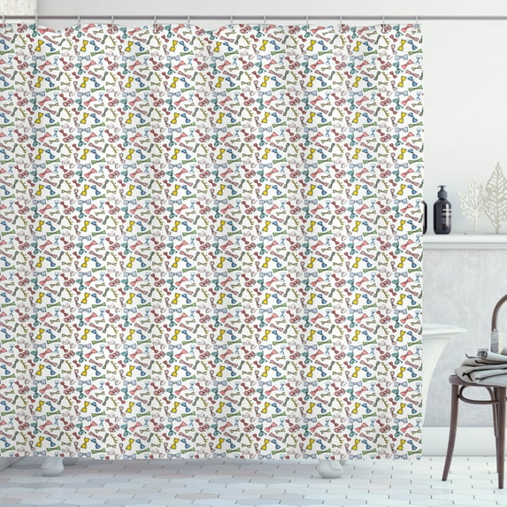 Geek Shower Curtain, Doodle Style Colorful Bowties in Various Shapes and Size Scattered on White Background, Fabric Bathroom Set with Hooks, 69W X 84L Inches Extra Long, Multicolor, by Ambesonne