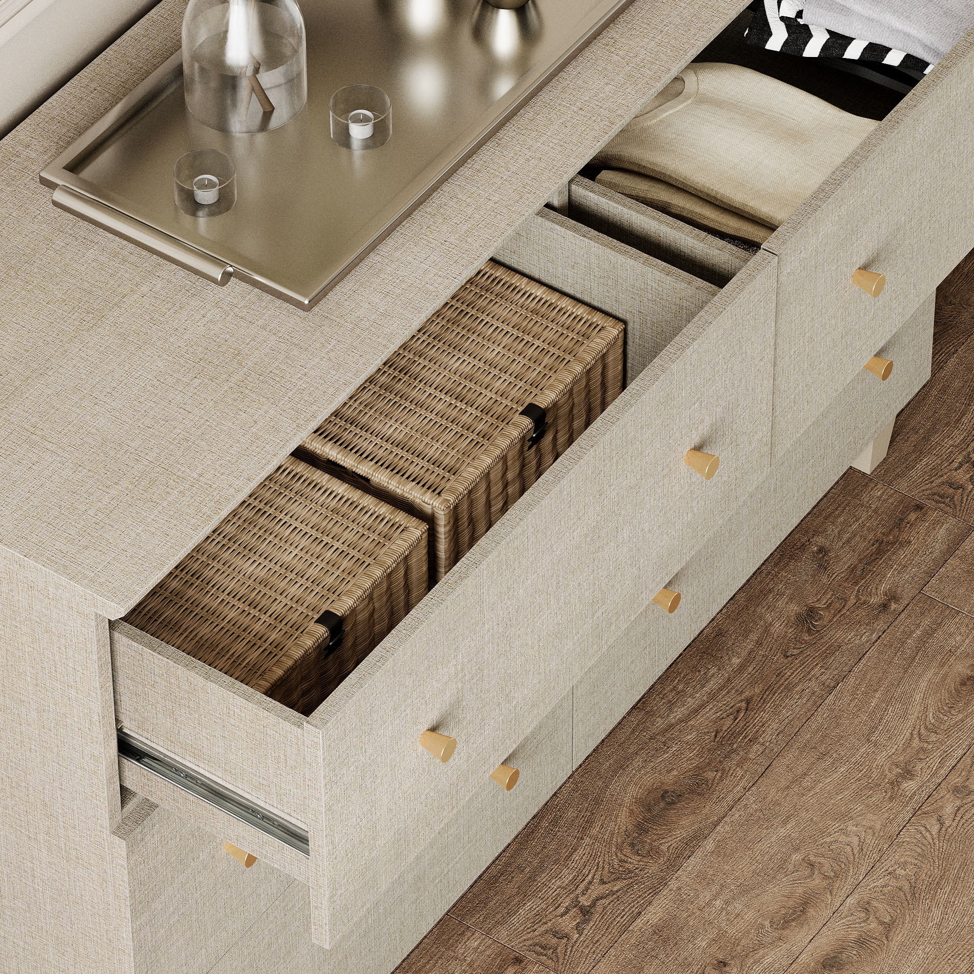 WAMPAT Dresser and Nightstand Set of 2, Wood Dresser with 6 Drawers, Nightstand with Charging Stations for Living Room, Beige Linen Printed