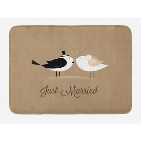 - Wedding Bath Mat, Bride and Groom Birds Kissing Just Married Hand Written Style Text Romantic Hearts, Non-Slip Plush Mat Bathroom Kitchen Laundry Room Decor, 29.5 X 17.5 Inches, Multicolor, Ambesonne