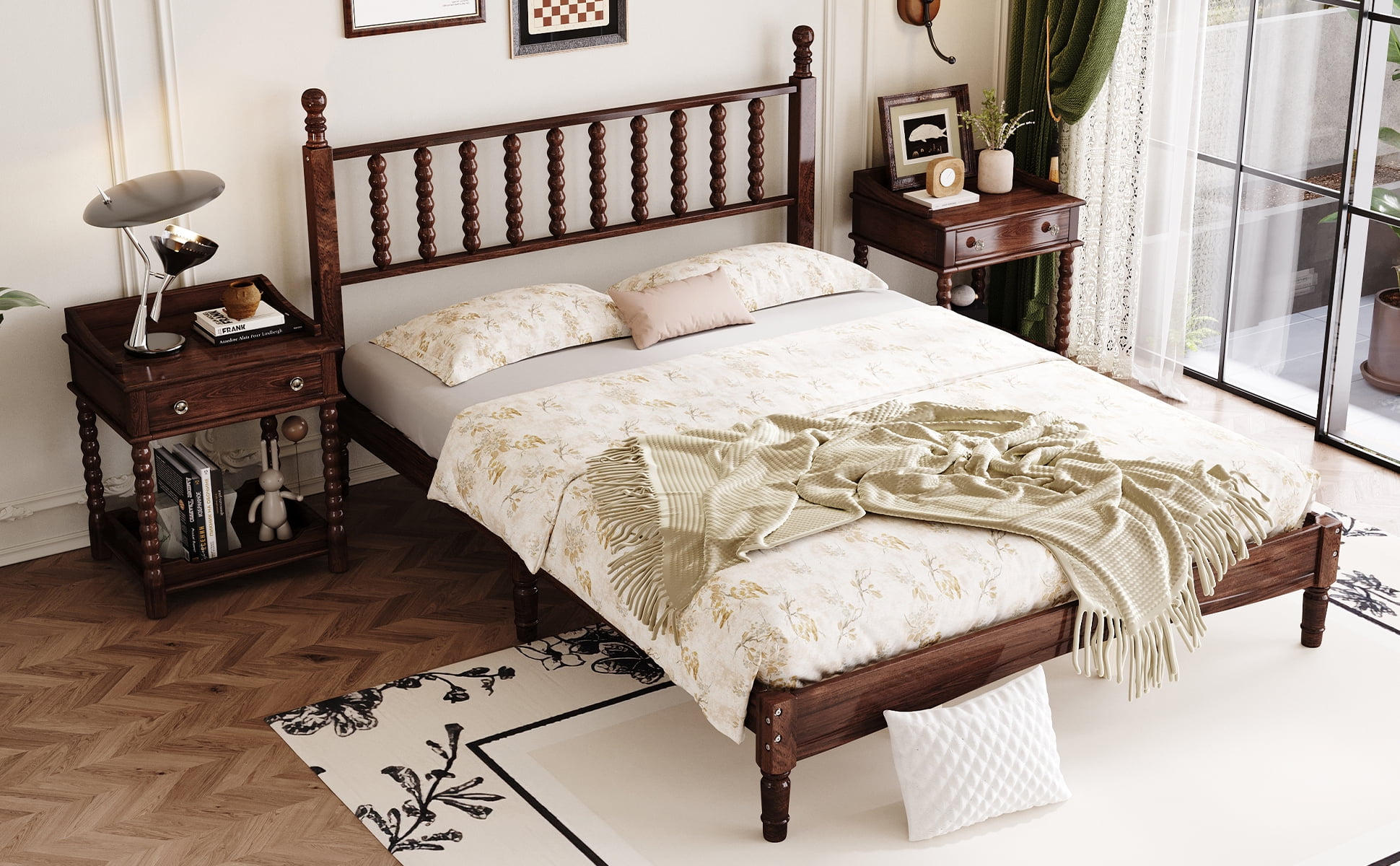 Euroco Wood Retro Style Queen Size Platform Bed with Slats for Living Room, Walnut