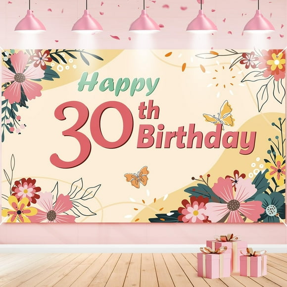Bannière de Fête Rose Joyeux Anniversaire - Toile de Fond pour 30e Anniversaire - Fond Photo 71"x44 Pouces - Fournitures de Décoration pour une Célébration Inoubliable