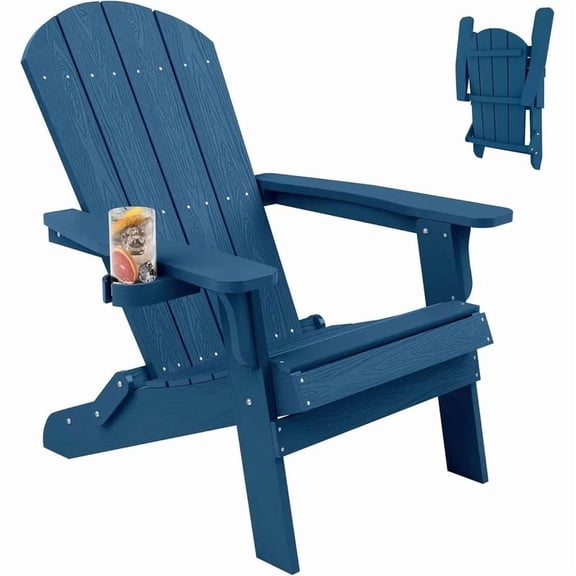 WINSOON All Weather HIPS Folding Oversized Adirondack Chair:Outdoor Chair with Realistic Wood Texture, Heavy Duty Weight Capacity, for Cup Holder for Patio, Yard & Garden