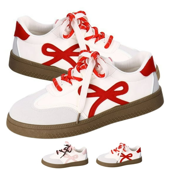 CHICVOMEY Women's White Faux Leather Low-Top Tennis Sneakers with Double Laces & Bow - Casual Fashion Shoes