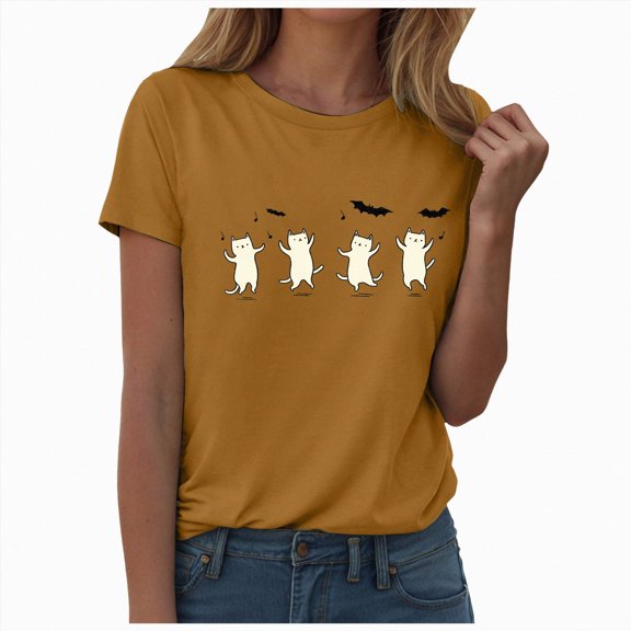 TOWED22 Halloween Ghost Shirt for Women Fall Spooky Season Graphic Short Sleeve Autumn Tops Blouse(Yellow,XXL)