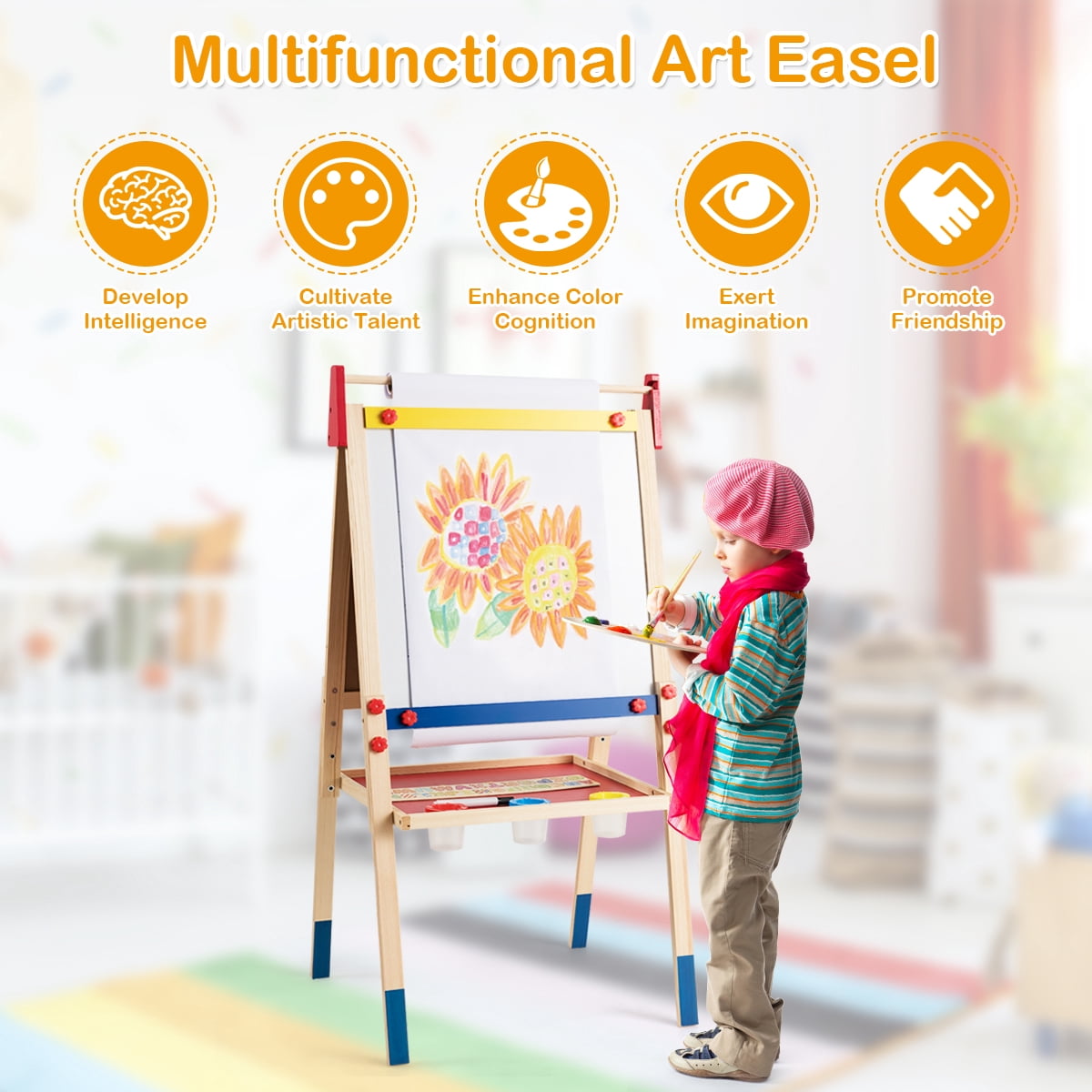 Costway All-in-One Wooden Kid's Art Easel Height Adjustable Paper Roll