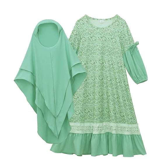 KAUOD Girls 2 Piece Muslim Prayer Dress with Hijab 𝐈slamic Kids Flower Pattern Crew Neck Pullover Dresses Eid Abaya Clothes
