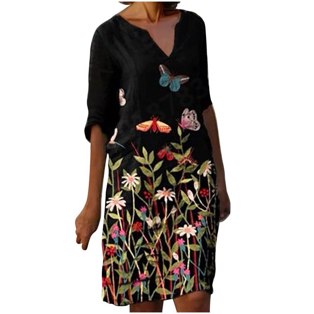 Vestidos de manga 3/4 para mujer Vestido de tirantes con estampado de flores a la moda Vestido con cuello en V hasta la rodilla Pompotops hdfakjf6072