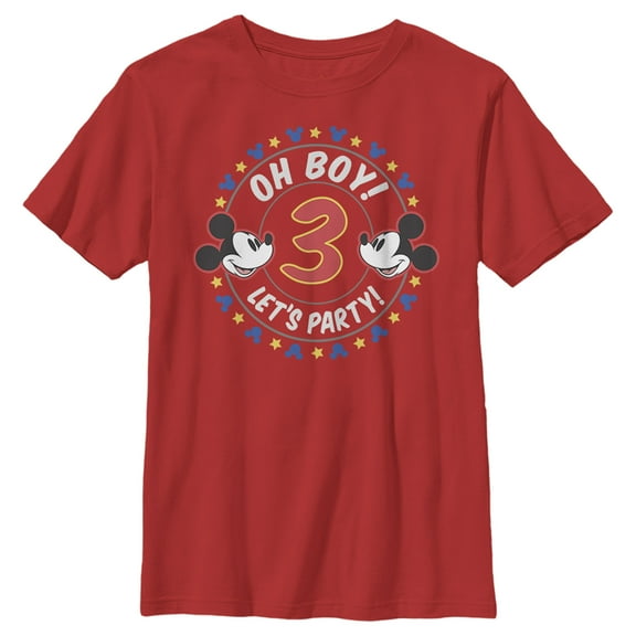 Boy's Mickey & Friends 3rd Birthday Oh Boy Let's Party Mickey  Graphic Tee Red Small