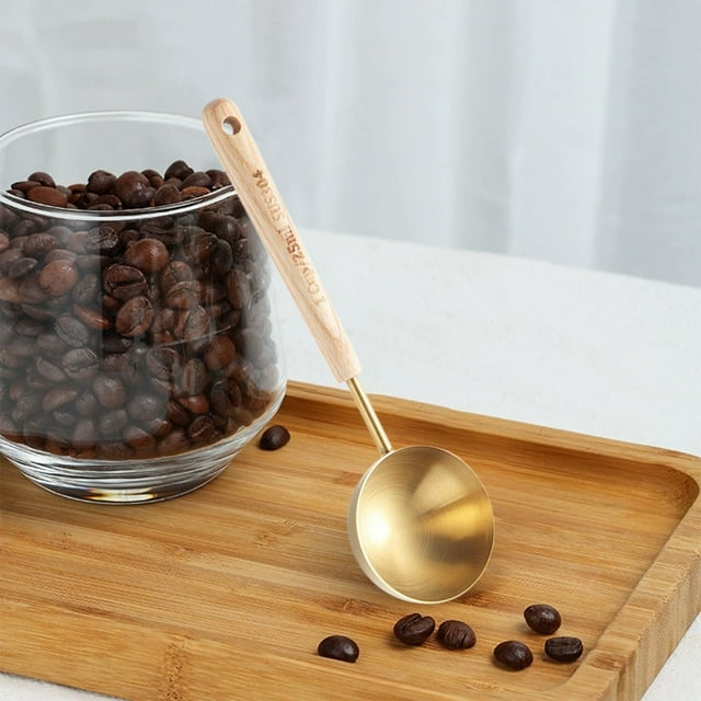 Cuchara medidora de café de acero inoxidable | Mango de madera - 4 ml, 8 ml, 25 ml, opciones | Acabado dorado y plateado | Acero 304 duradero | Diseño elegante para uso doméstico y de cafetería