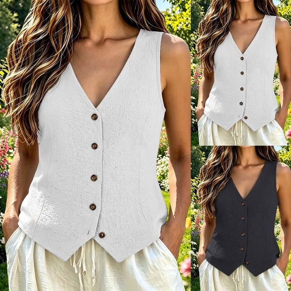 Vest Tops for Women Sleeveless V Neck Button Down Vest Solid Color Business Slim Breathable Womens Summer Tops Black S