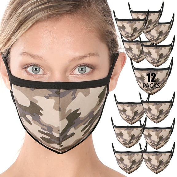 Camouflage Print Fashion Washable Adults Unisex One Size Face Covering Mask - Dusty Camouflage (12 Pieces)