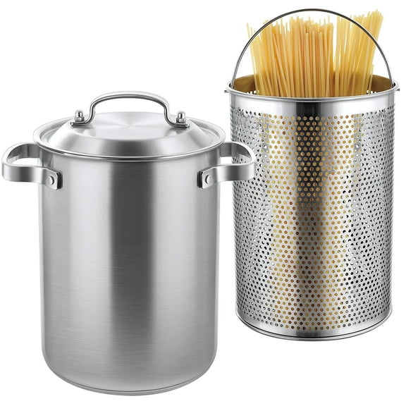 Stainless Steel Asparagus Steamer Pot & Spaghetti Pasta Cooker with Perforated Steamer Basket - 3-Ply Base, 4.3L/1.14Gal, Versatile Cookware 