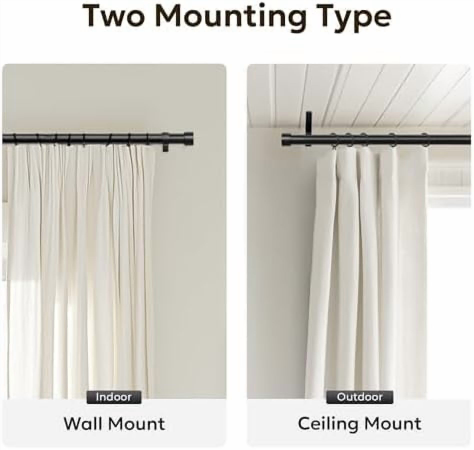 Curtain Rods for Windows 48 to 84, Black Curtain Rod, Adjustable 1 Inch Heavy Duty Outdoor/Indoor Modern Drapery Pole, 32"-86"