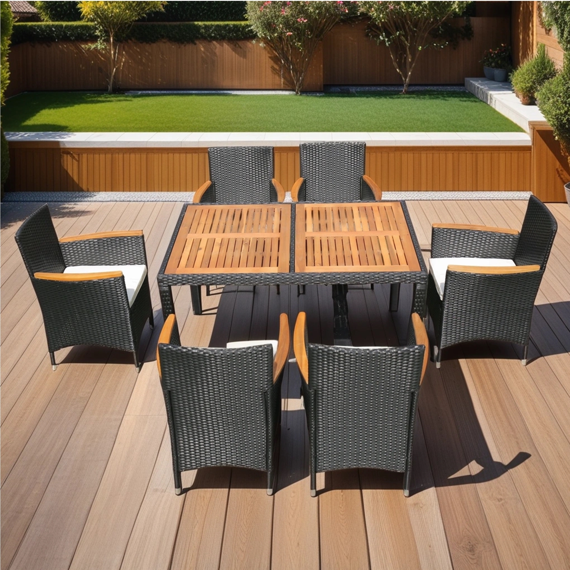 7 Piece Outdoor Patio Dining Set,Outdoor Wicker Furniture Set with Brown Rattan Dining Table and Chairs with Cushions,Black Wicker + Creme Cushion